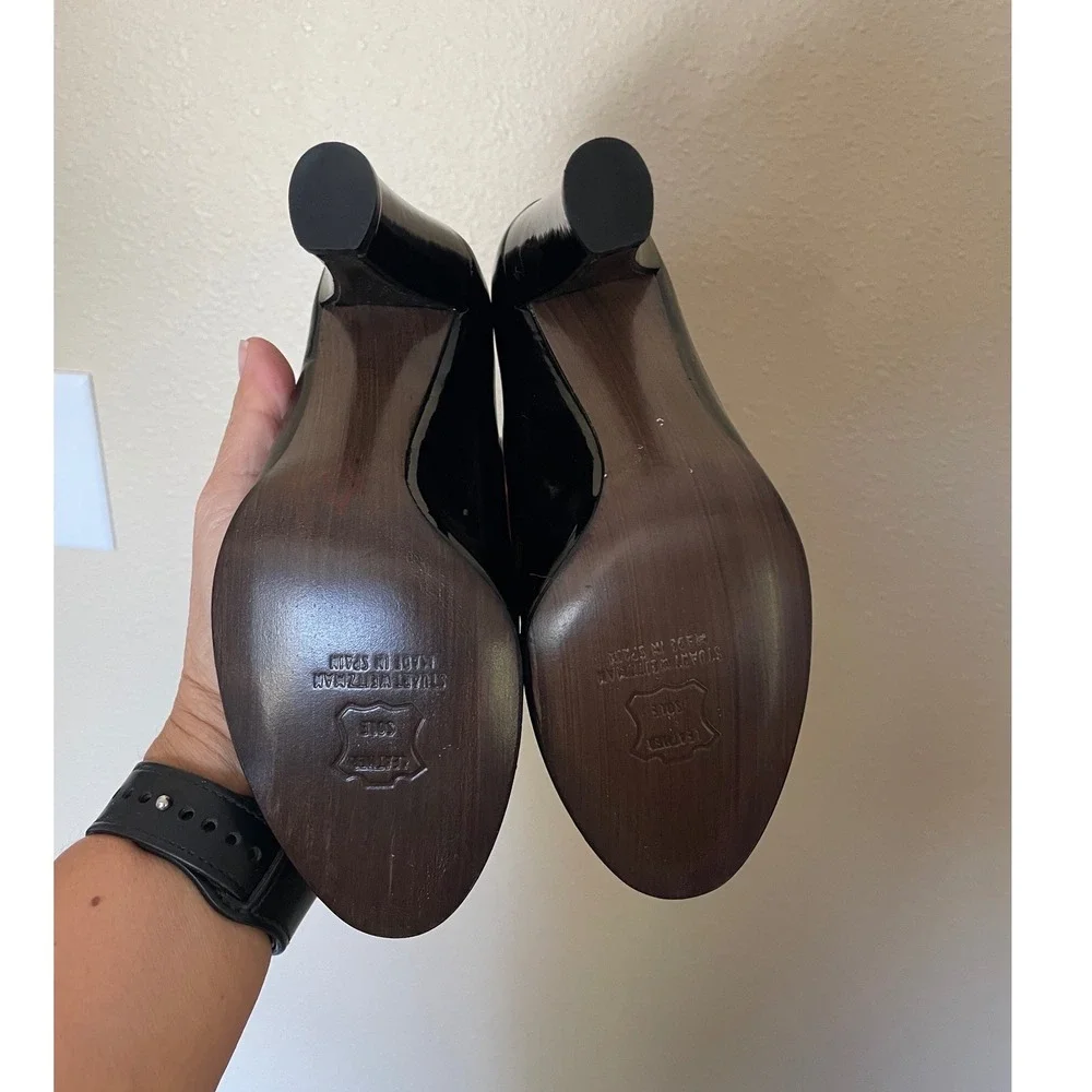 Stuart Weitzman Black Patent Leather Round Toe Block Heel Pumps Made in Spain 4M